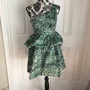 Green Leopard Detail One Shoulder Peplum Dress